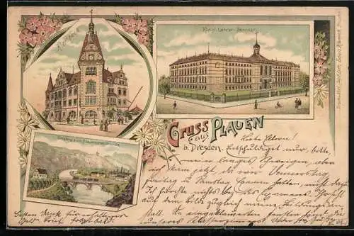 Lithographie Dresden-Plauen, Königl. Lehrer-Seminar, Rathaus