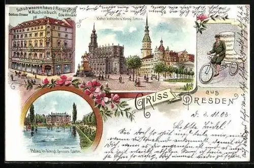 Lithographie Dresden, Schuhwarenhaus W. Kuchenbuch, Schlossstrasse 2, Kathol. Hofkirche