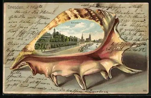 Passepartout-Lithographie Dresden, Belvedere in Muschel-Passepartout