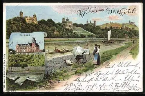 Lithographie Dresden-Loschwitz, Saloppe, Fluss mit Stadtansicht, Maler am Zeichen