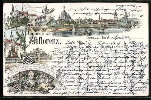 Lithographie Dresden, Schlosshof, Germania, Flusspartie mit Brücke