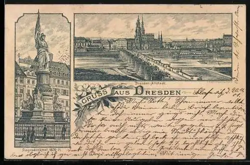 Lithographie Dresden, Siegesdenkmal und Flusspartie an der Altstadt