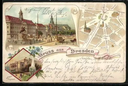 Lithographie Dresden-Neustadt, Albert-Theater, Haupstrasse und Stadtplan