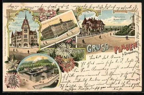 Lithographie Dresden-Plauen, Parkschänke und Bismarckturm, Rathaus & Bienert-Mühle