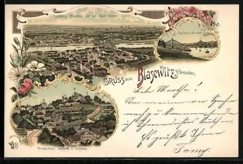 Lithographie Dresden-Blasewitz, Drahtseilbahn Loschwitz & Luisenhof, Das Blaue Wunder, Loschwitz-B. mit blauen Wunder
