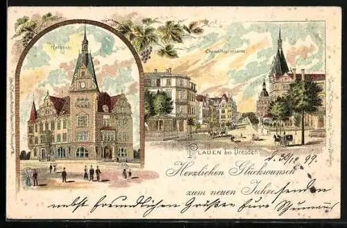 Lithographie Dresden-Plauen, Blick in die Chemnitzerstrasse, Blick auf das Rathaus