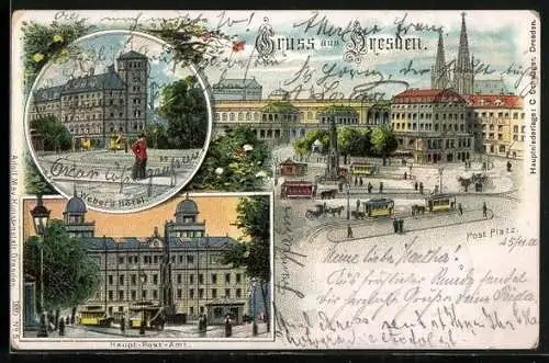 Lithographie Dresden, Weber`s Hotel, Post-Platz, Haupt-Post-Amt