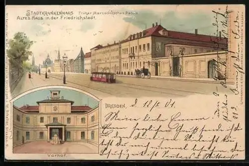 Lithographie Dresden, Stadtkrankenhaus, früher Marcolinisches Palais, Vorhof
