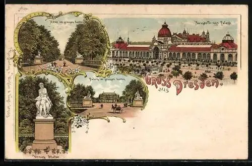 Lithographie Dresden, Ausstellungs-Palast, Allee im grossen Garten, Venus Statue