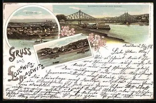 Lithographie Dresden-Blasewitz, Elbpartie mit Loschwitzer Brücke, Totalansicht