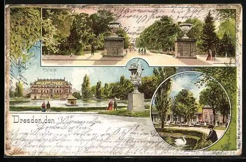 Lithographie Dresden-Neustadt, Grosser Gartenn, Palais und Café Pollender