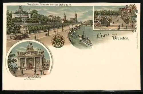 Lithographie Dresden, Brühl`sche Terrasse mit Belvedere, Treppe und Kunstakademie