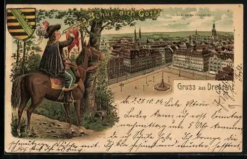 Lithographie Dresden, Totalansicht von der Kreuzkirche, Trompeter von Säckingen, Behüt Dich Gott!