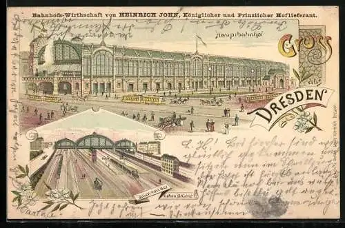 Lithographie Dresden, Hauptbahnhof vom Vorplatz und Gleise von der hohen Brücke