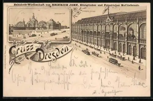 Lithographie Dresden, Hauptbahnhof, Bahnhofs-Wirtschaft v. Heinrich John, Hochgleis-Anlage