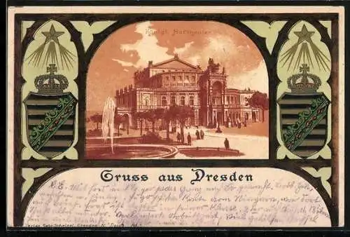 Passepartout-Lithographie Dresden, Königl. Hoftheater und Wappen