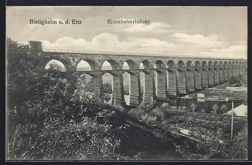 AK Bietigheim a. d. Enz, Flusspartie mit Eisenbahnviadukt