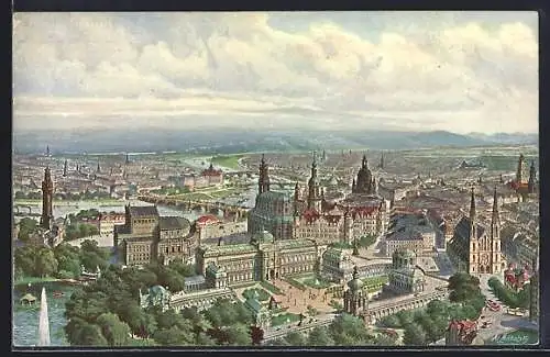 Künstler-AK Dresden, Zeppelin-Aussicht vom Zwinger, Opernhaus, Schloss und Umgebung