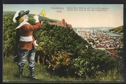AK Heidelberg, Teilansicht mit Burg und Trompeter, Behüt Dich Gott