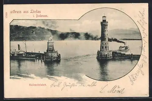 AK Lindau i. Bodensee, Hafeneinfahrt mit Leuchtturm