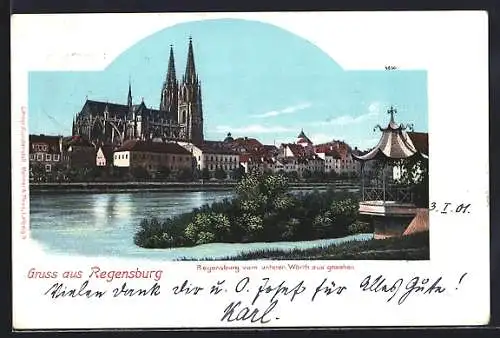 AK Regensburg, Teilansicht vom unteren Wörth aus gesehen