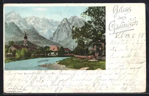 AK Garmisch, Uferpartie mit Bergen