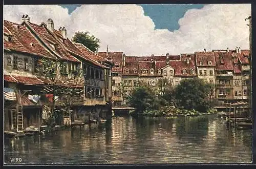 Künstler-AK Erfurt, Blick vom Junkersand auf die Rathausbrücke