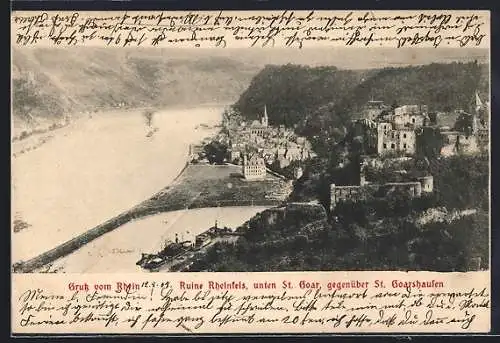 AK St. Goarshausen, Ruine Rheinfels, unten St. Goar