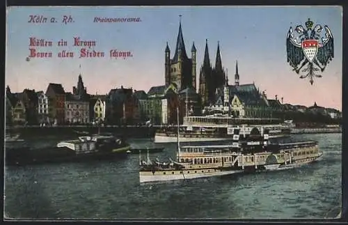 AK Köln, Rheindampfer mit Blick zum Dom, Wappen