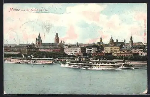 AK Mainz, Teilansicht mit Dampfern von der Rheinbrücke aus