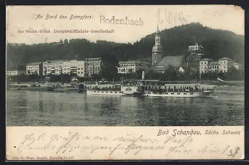 AK Bad Schandau /Sächs. Schweiz, Uferpartie mit Kirche und Dampfer Bodenbach