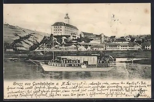 AK Gundelsheim a. N., Uferpartie mit Schiff