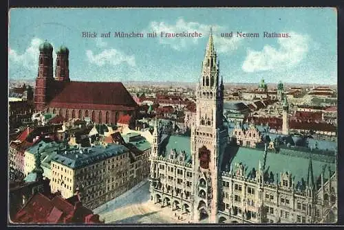 AK München, Blick auf die Frauenkirche und das neue Rathaus