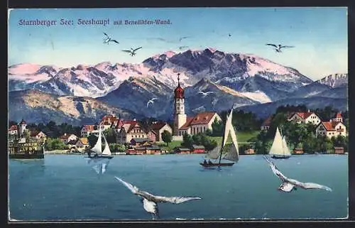AK Seeshaupt, Ortspartie mit Starnberger See und Benedikten-Wand