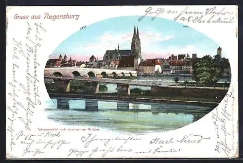 AK Regensburg, Flusspartie mit Brücke