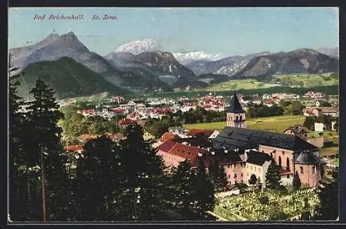 AK Bad Reichenhall, St. Zerno mit Friedhof, Blick auf die Alpenkette