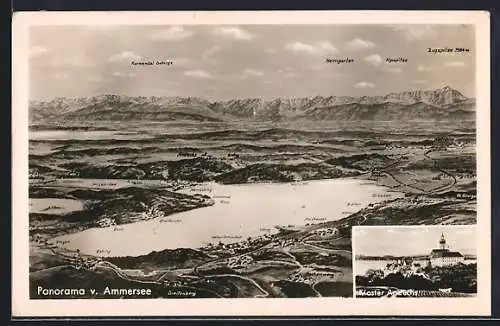 AK Andechs, Gesamtansicht vom Ammersee von Stegen bis Diessen, Blick auf die Zugspitze
