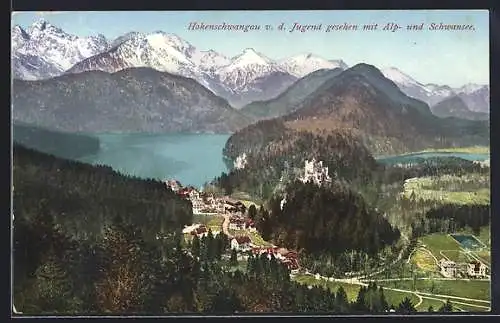 AK Hohenschwangau, Teilansicht von d. Jugend gesehen mit Alp- und Schwansee