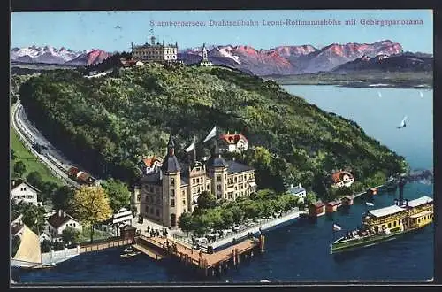 AK Leoni /Starnberger See, Drahtseilbahn Leoni-Rottmannshöhe mit Gebirgspanorama