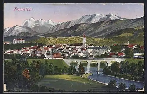 AK Traunstein, Flusspartie mit Viadukt, Blick zum Ort und in die Alpen