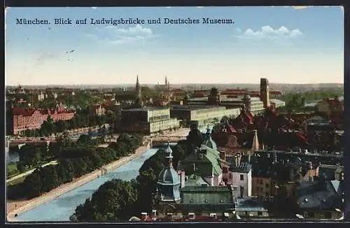 AK München, Blick auf die Ludwigsbrücke und das Deutsche Museum