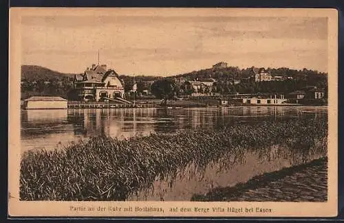 AK Essen, Partie an der Ruhr mit Bootshaus auf dem Berge Villa Hügel