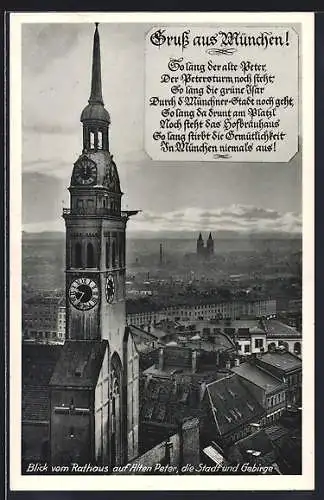 AK München, Blick vom Rathaus auf alten Peter, die Stadt und Gebirge