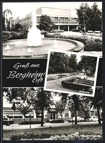 AK Bergheim /Erft, Restaurant Stadthalle, Brunnen, Erftpartie