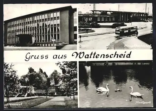 AK Wattenscheid, Hauptbahnhof mit Strassenbahn, Ehrenmal, Stadtpark