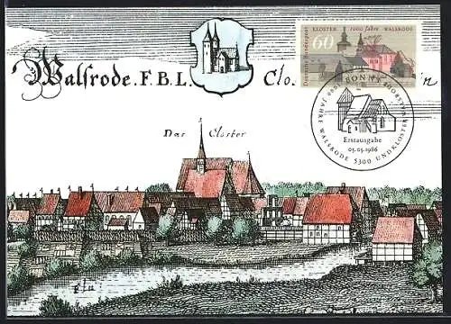 Künstler-AK Walsrode, Teilansicht mit Kloster, Wappen