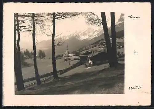 Foto-AK Adalbert Defner: Mösern, Ortsansicht mit Bergpanorama