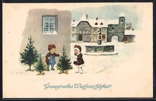 Künstler-AK Ad. Hoffmann: Zwei Kinder mit kleinen Weihnachtsbäumen am Marktplatz