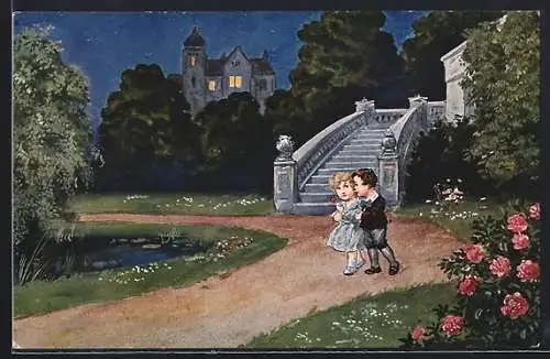 Künstler-AK Ad. Hoffmann: Heimliche Liebe, Kleines Paar im Park