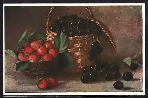 Künstler-AK Fritz Hildebrandt: Stilleben mit Erdbeeren und Kirschen